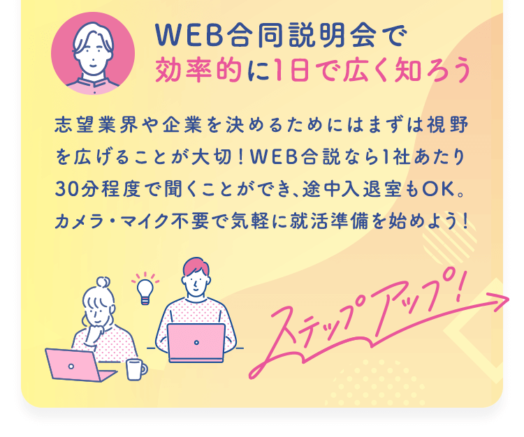 【WEB合同説明会で効率的に1日で広く知ろう】志望業界や企業を決めるためにはまずは視野を広げることが大切！WEB合説なら1社あたり30分程度で聞くことができ、途中入退室もOK。カメラ・マイク不要で気軽に就活準備を始めよう！
