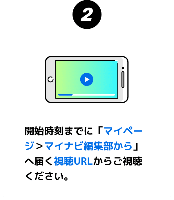 2 開始時刻までに「マイページ＞マイナビ編集部から」へ届く視聴URLからご視聴ください。